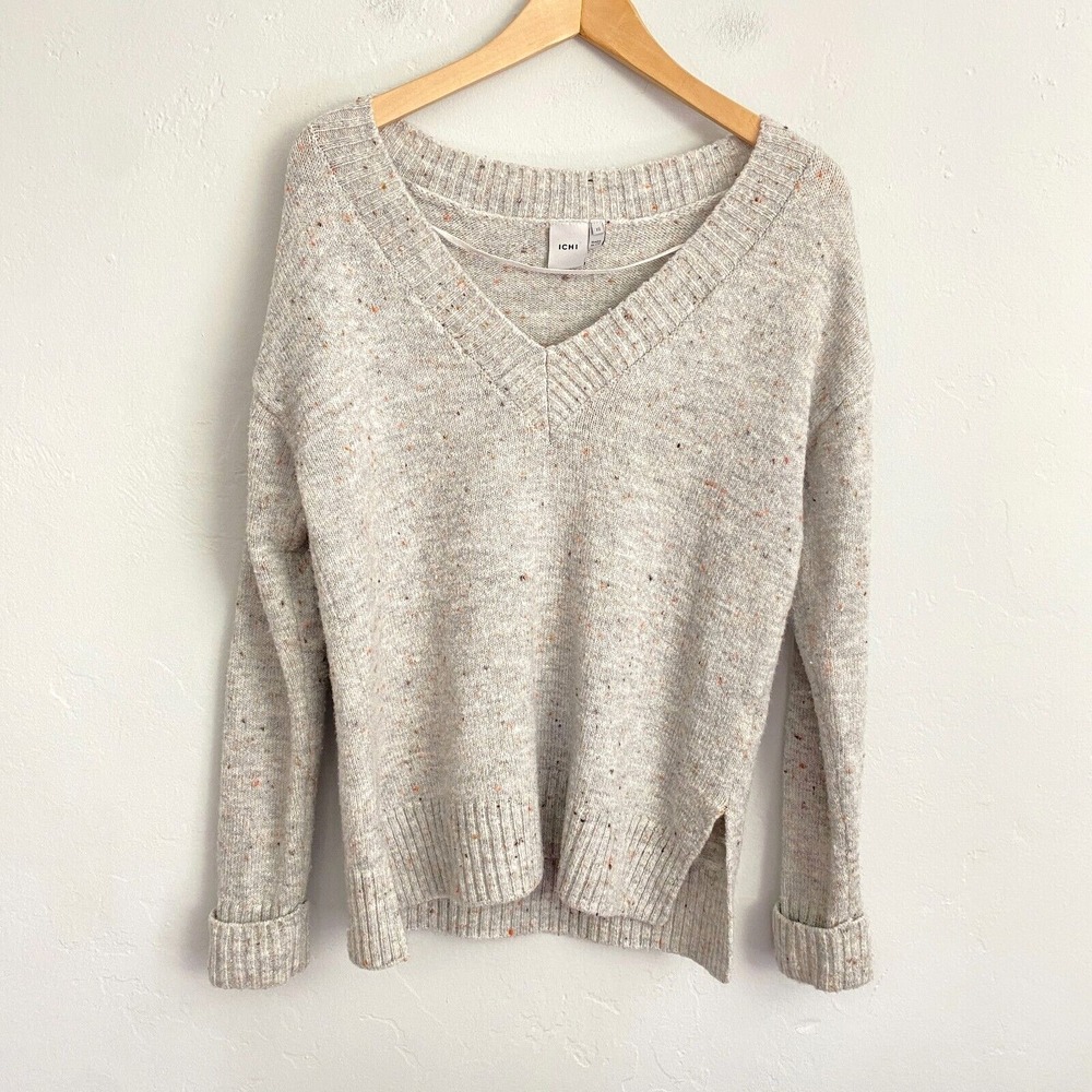 Ichi Iheddie LS Sweater Women Size XS Gray V Neck Long Sleeve Pullover